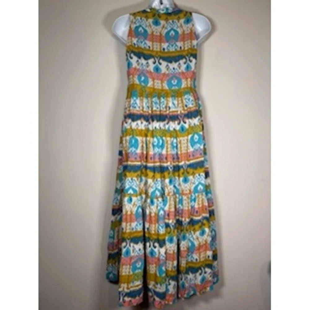 Sangria Maxi Dress S Multicolor Ikat Tiered Boho Tassel Cotton Summer Festival - Picture 4 of 8